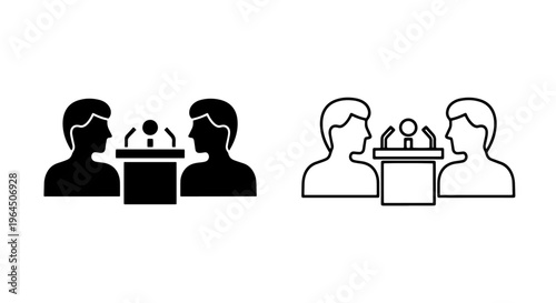 Two people facing each other at podium, debate or interview icon