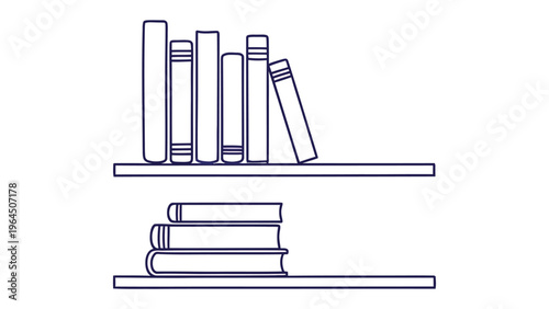 Shelf-Staple Collection: A minimalistic outline presents an organized collection of books, both standing tall and stacked neatly, inviting readers to explore the world of knowledge and imagination.