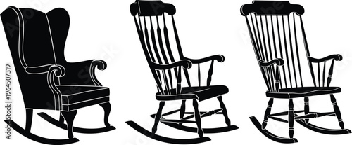 Collection of Vintage Wooden Rocking Chairs Silhouette Vector Illustration Including Classic Wingback Rocker and Traditional Windsor Style Furniture for Interior Design