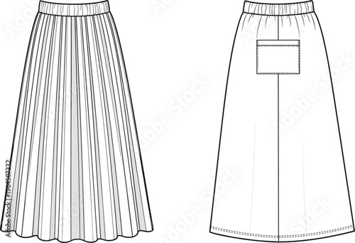 Technical CAD drawing flat vector illustration of a women's pleated maxi skirt featuring an elastic waistband and back patch pocket.