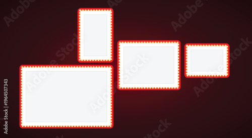 Red marquee frames set with glowing light bulbs borders on dark burgundy background for theater cinema circus and stage announcements