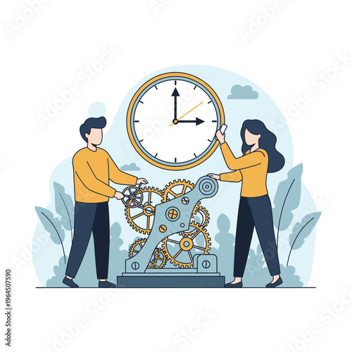 Teamwork adjusting clock mechanism for time management concept.