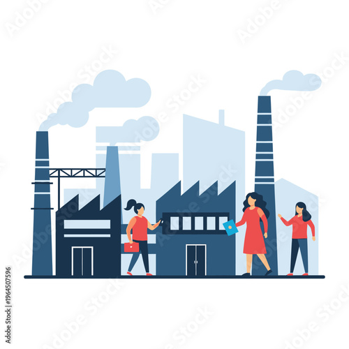 Three women standing in front of a factory.