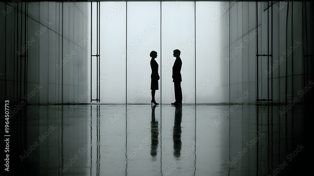 Fototapeta premium side silhouette of two professionals discussing in glass room, minimal shapes