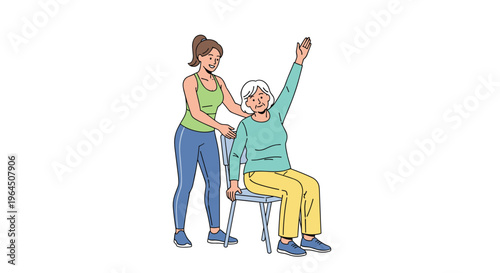 A younger woman in athletic wear assists an elderly woman seated on a chair, helping her raise her arm during an exercise session against a plain white background.