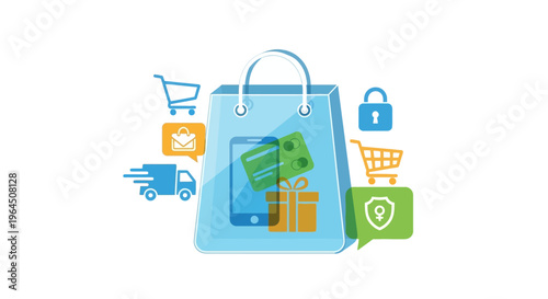 E-commerce Concept: Mobile Online Shopping, Secure Payments & Global Delivery Services
