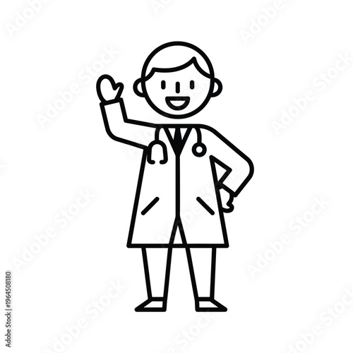 Simple Line Art Doctor Waving Hello Friendly Greeting.