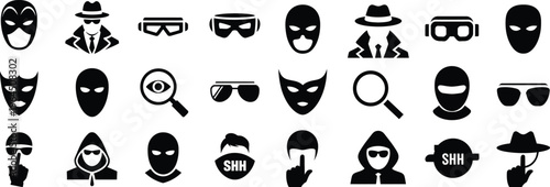 Anonymous Mysterious Character Silhouette Icons Set for Security Spy and Masquerade Design