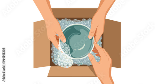 Two light-skinned hands are gently placing a single teal-colored bowl into a brown cardboard box lined with clear bubble wrap on a white background.