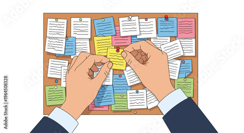 Two light-skinned hands are precisely pinning a single yellow sticky note onto a densely covered cork board filled with numerous handwritten, colorful sticky notes.