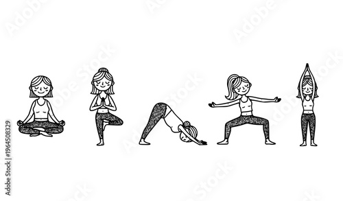 Cartoon doodle woman doing yoga poses vector set
