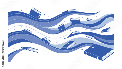 Soaring Stories: Books journey through dynamic blue waves, a symbolic representation of the limitless world of knowledge and exploration. 