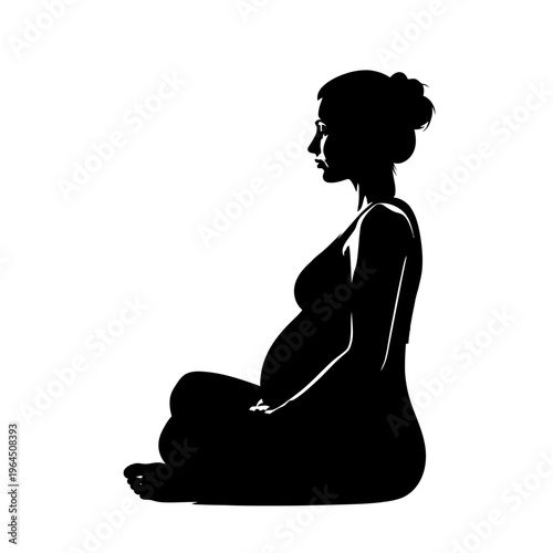 Silhouette of Pregnant Woman in Yoga Position on White Background.