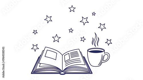 Storytelling Sip: A beautifully drawn illustration showcasing an open book accompanied by a steaming cup of coffee and celestial stars, ideal for conveying a sense of serenity.