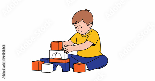 Little Boy Playing with Colorful Building Blocks – Concept of Early Childhood Development and Creativity