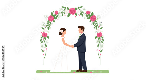 A bride in a white cap-sleeve gown and a groom in a dark blue suit stand holding hands, looking at each other under a lush floral arch.