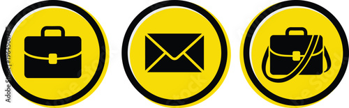 Business icons including briefcase, email, and messenger bag in yellow and black vector graphic illustration