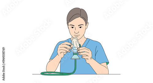 A person with short brown hair and a light blue scrub top is holding and adjusting a green and white oxygen mask with both hands.