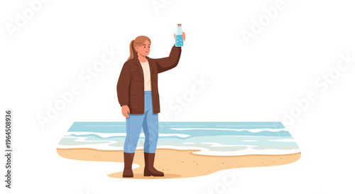 A woman in a brown jacket stands on a sandy beach, holding up a clear plastic bottle filled with a blue liquid water sample.