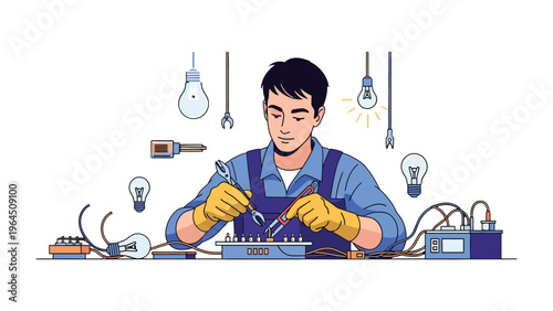 Skilled Electrician at Work: A diligent electrician meticulously examines electrical components on a workbench, surrounded by various tools, light bulbs, and equipment.