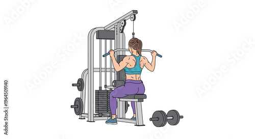 A woman seen from behind performs a lat pulldown exercise on a grey gym machine with dumbbells on the white floor.