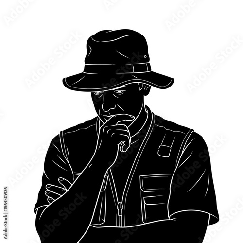 Thoughtful man in a hat contemplating a complex decision, monochrome style.