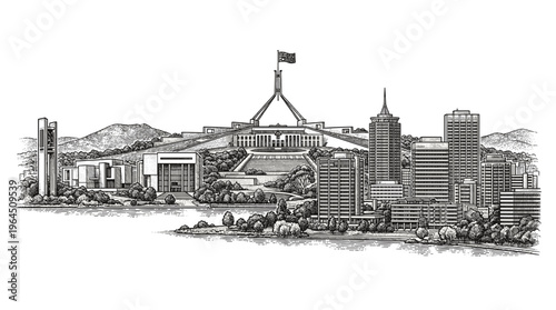 A detailed black and white sketch of the Australian Parliament House and surrounding buildings in Canberra.