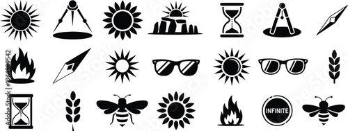 Summer and nature silhouette icons set. Sun, bee, fire, compass, solstice vector illustration