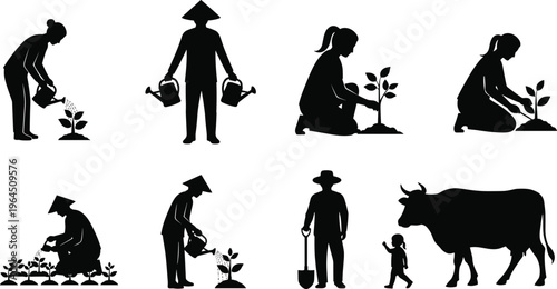 Black and white vector silhouette collection of farmers gardening planting crops and raising livestock isolated on white background for agricultural and organic farming designs