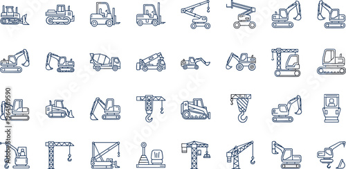 Heavy construction machinery line icons set featuring excavators, cranes, bulldozers, forklifts, cement trucks, and industrial equipment for building site engineering projects.