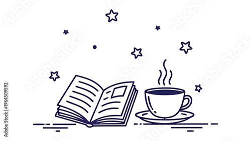 Reading and relaxation: A whimsical illustration of an open book and a steaming cup of coffee under a starry sky. Inviting viewers to embrace moments of quiet reading and relaxation.