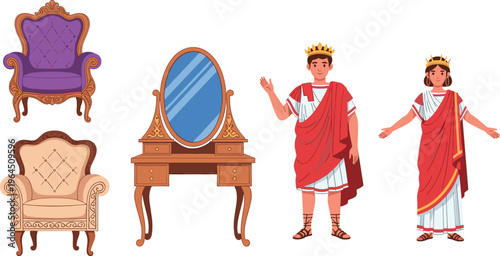 Ancient Roman Characters and Ornate Baroque Furniture Vector Set Featuring Caesar, Empress, Royal Armchairs, and Vanity Mirror for Historical and Classic Interior Design