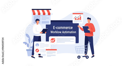E-commerce Workflow Automation for Digital Business Optimization. Online Retail Process Management & Efficiency Illustration.