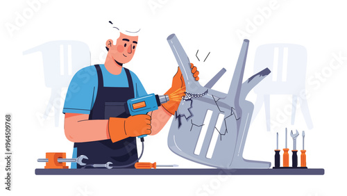 Chair Repair: A skilled craftsman expertly repairs a damaged chair using professional tools, a testament to his expertise and dedication.