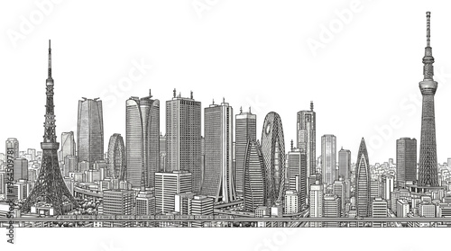 A detailed black and white illustration of a sprawling cityscape featuring numerous iconic skyscrapers and towers, presented in a panoramic view.