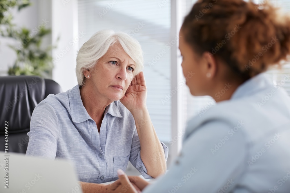 Fototapeta premium Elderly Woman Explaining Her Hearing Problems to an Audiologist