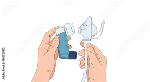 A pair of hands carefully connects a blue and white asthma inhaler to a white spacer device with a mask attachment.
