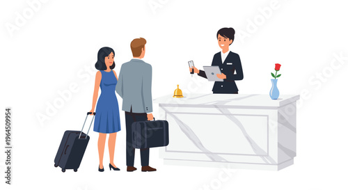 A couple with luggage stands at a white hotel reception desk, where a female receptionist presents a key card.