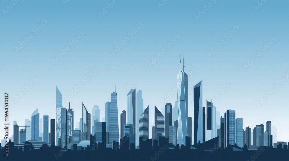 Fototapeta premium Modern city skyline with sleek skyscrapers and blue gradient background