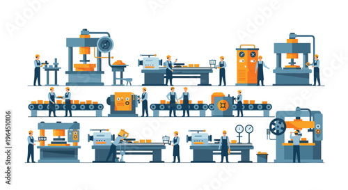 Workers in hard hats operate diverse industrial machinery, including presses, lathes, and conveyor belts, within a factory setting.