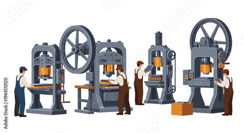 Four male factory workers in blue overalls are actively operating and monitoring various large gray industrial pressing machines on a white background.