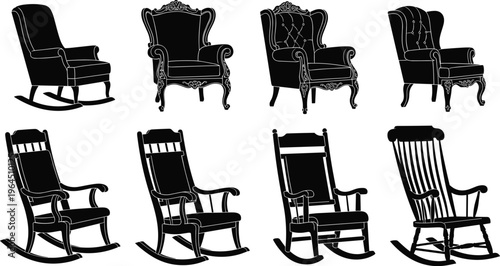 Set of vintage rocking chairs and elegant wingback armchairs silhouettes isolated on white background for interior design and furniture icons