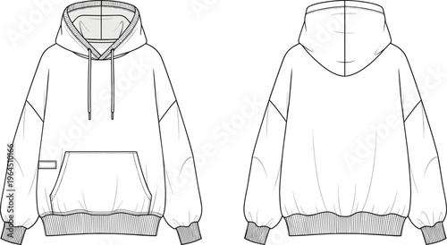 Technical CAD drawing flat vector illustration of an oversized hoodie sweatshirt featuring a kangaroo pocket, drawstring hood, and ribbed cuffs.