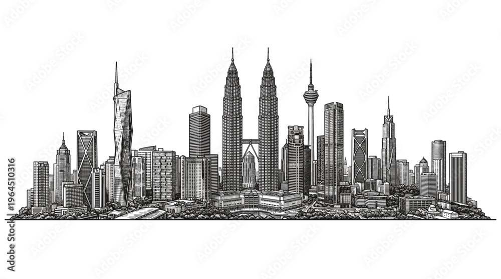 Fototapeta premium A detailed black and white sketch of the Kuala Lumpur skyline, showcasing its iconic skyscrapers and urban landscape.