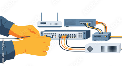 Two gloved hands are connecting a black network cable into a gray network switch surrounded by various interconnected network devices.
