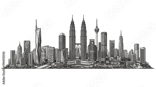 A detailed black and white sketch of the Kuala Lumpur skyline, showcasing its iconic skyscrapers and urban landscape.