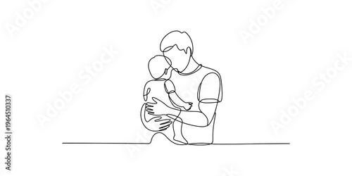 Minimalist continuous line drawing of a caring father gently holding his small infant child Vector, illustration