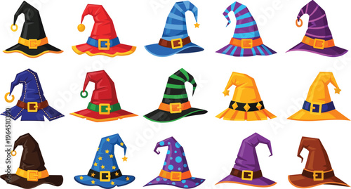 Collection of Witch and Wizard Hat Vectors with Magical Patterns, Buckles, and Stars for Halloween Party Decorations, Fantasy Games, and Spooky Graphic Designs