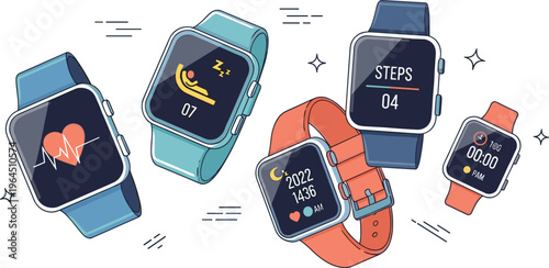 Modern smartwatch fitness tracker devices with health monitoring heart rate steps and activity display cartoon flat vector illustration set
