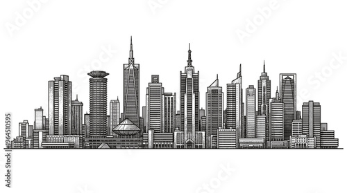 A detailed black and white illustration of a modern city skyline filled with numerous skyscrapers of varying heights and architectural styles.